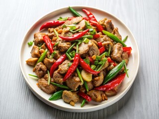 Soft, warm natural light illuminates a perfectly arranged plate of pork stir-fry with crispy garlic and fresh chilies, on a minimalist white background.