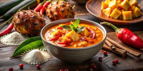 Vibrant Red Curry Paste Crisp Pineapple Chunks Coconut Cream Swirls Intense Golden Lighting Moody Tilted Shadows