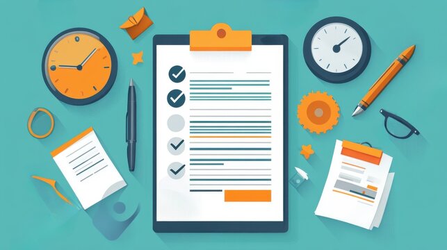 Office supplies arranged on desktop with clipboard, clock, and documents. concept of productivity and organization.