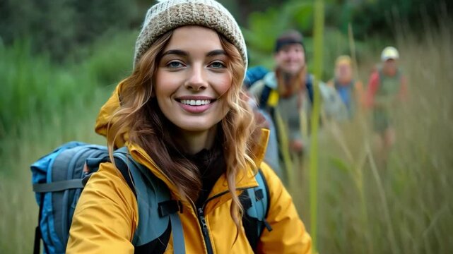 A female tour guide converses with a party of visitors