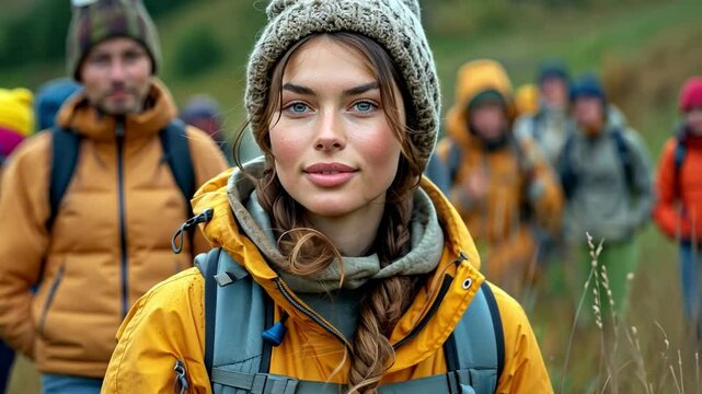 A female tour guide converses with a party of visitors