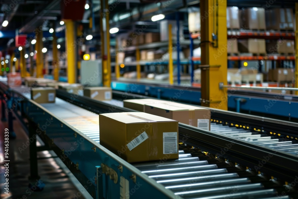 Poster image depicting an advanced conveyor belt system in a modern warehouse setting. numerous packages ar