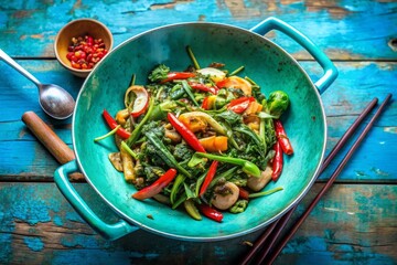 Vibrant morning glory stir-fry in vibrant turquoise wok, pop art colors, dynamic composition, bold...