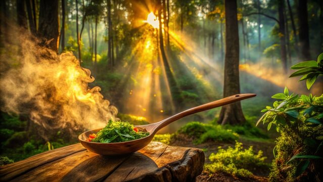 morning sunlight streaming vibrant colors rustic wooden spoon ancient Northern Thai recipe misty forest surroundings warm golden lighting cozy rustic atmosphere