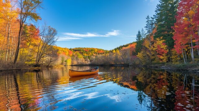 Canoe on a tranquil lake with colorful autumn foliage