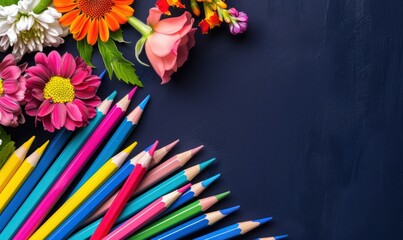 Colorful pencils, flowers, and stationery creatively placed against a dark blue backdrop.