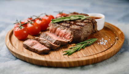 Delicious grilled sliced beef steak on wood plate. Tasty food for dinner. Delicious meat meal.