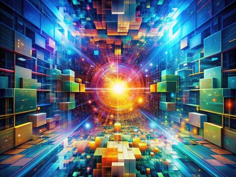 Digital Alchemy: Pixelated forms and vibrant colors reminiscent of digital technologies, reflecting the fusion of technology and knowledge.