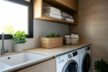 Modern Laundry Room Interior Design with White Cabinets and Washing Machine