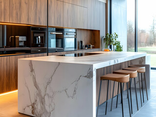 Modern Kitchen Island with Marble Countertop and Wooden Cabinets - Realistic Photo