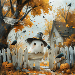 A cute Halloween ghost surrounded by pumpkins and crows in the fall woods
