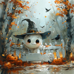 A cute Halloween ghost surrounded by pumpkins and crows in the fall woods
