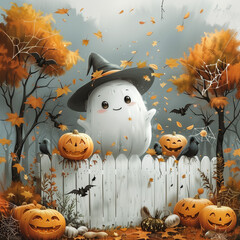 A cute Halloween ghost surrounded by pumpkins and crows in the fall woods