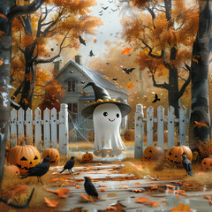 A cute Halloween ghost surrounded by pumpkins and crows in the fall woods
