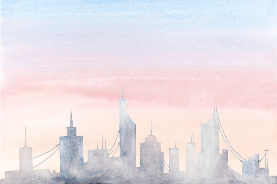 Abstract city silhouette on pastel pink and blue dawn sky watercolor illustration. Simple horizon metropolis of Dubai, New York or Los Angeles. Panoramic cityscape with skyscrapers during sunrise