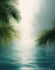Tropical background with palm leaves and waves. Summer relax holiday, luxury resort vocations. Backdrop for sale announcement, banner, text frame, quotes template and wallpaper.