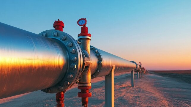 A close-up shot of an oil pipeline construction site, showcasing the halted progress against a backdrop of a vibrant sunset. The image symbolizes economic challenges, stalled development, and the impa