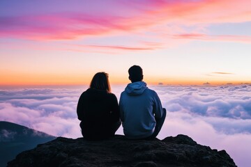Two people sit together on a rocky peak, overlooking a sea of clouds with a vibrant, colorful sunset in the background, creating a serene and contemplative scene.
