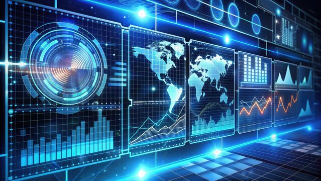 Digital futuristic Heads-Up Display interface features a dynamic grid, charts, graphs, and various data visualizations in a mesmerizing, high-tech overlay against a dark blue background.