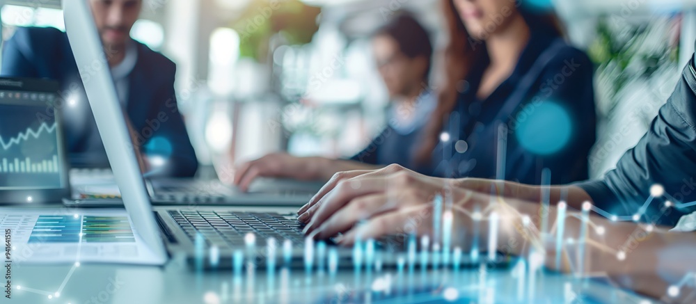 Poster In a contemporary office setting, professionals utilize laptops for teamoriented tasks involving financial analysis. The focus is on collaboration and a datadriven work environment