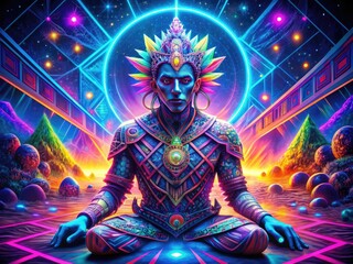 Digital Shaman: Virtual realm, abstract landscapes, neon colors, geometric shapes, tribal patterns.