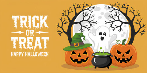 Trick or treat, Halloween graphic banner poster for web and social media, advertising and branding on a yellow background