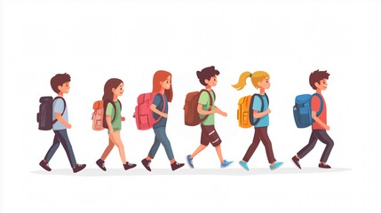 Obraz premium Diverse group of students happily walking to school with colorful backpacks, chatting and full of excitement, showcasing friendship and anticipation of learning and fun