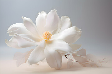 Exquisite White Magnolia Blossom with Soft Petals and Delicate Leaves on a Subtle Grey Background" 