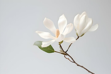 Exquisite White Magnolia Blossom with Soft Petals and Delicate Leaves on a Subtle Grey Background" 