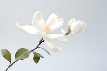 Exquisite White Magnolia Blossom with Soft Petals and Delicate Leaves on a Subtle Grey Background" 