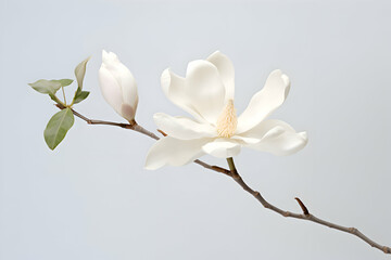 Exquisite White Magnolia Blossom with Soft Petals and Delicate Leaves on a Subtle Grey Background" 