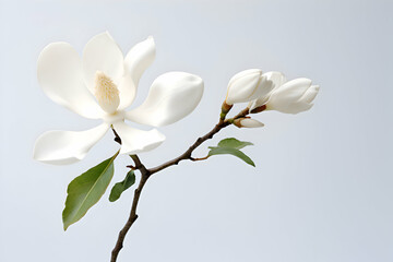 Exquisite White Magnolia Blossom with Soft Petals and Delicate Leaves on a Subtle Grey Background