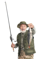 Fisherman with rod and catch on white background