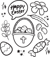 Happy Easter Doodle Set, Cute Hand Drawn Collection. Adorable hand-drawn Easter doodle set with bunnies, eggs, and spring flowers. Ideal for creating charming holiday designs, cards, and decorations.