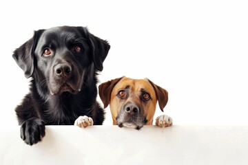 Two dogs sit at attention, gazing up at a whiteboard with curious expressions