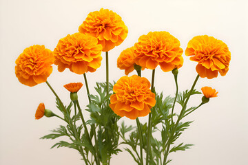 "Vibrant Marigold Blooms with Lush Green Foliage on a Bright White Background" 