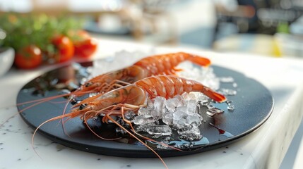 Fresh shrimp garnished on ice in a black plate, with cherry tomatoes and green herbs in the background - Powered by Adobe