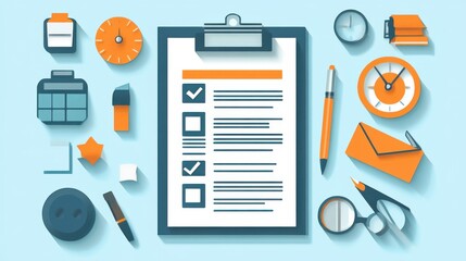 Minimalist blue and orange workspace desktop with stationery and organization tools. concept of workplace efficiency.