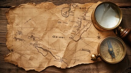 Antique map with compass and magnifying glass.