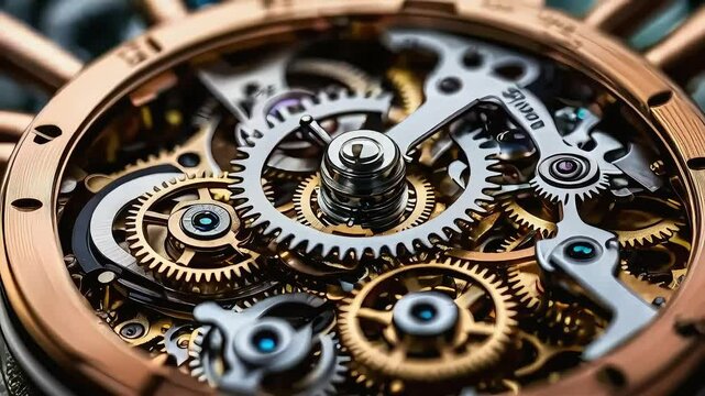 Close-up of intricate clockwork gears and mechanisms.