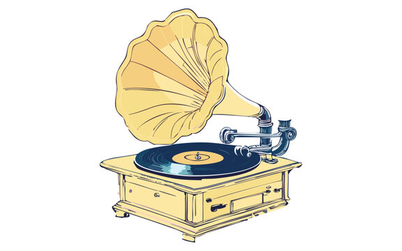 recommend clip art: Gramophone playing a record, line art vector illustration