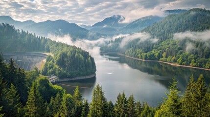 Obraz premium a river surrounded by trees and mountains