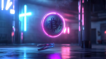 Obraz premium A digital of a Bitcoin cryptocurrency coin falling through a neon-lit cityscape. The coin is surrounded by glowing lights, symbolizing the volatility and uncertainty of the cryptocurrency market. Thi