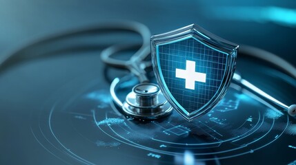 A digital shield with a medical cross symbol sits on a stethoscope, representing the importance of protecting patient data and ensuring secure healthcare practices.