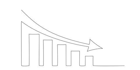 Chart graph with down arrow in continuous single line style. Concept of business decline, down growth. Bar chart one line. Business financial sales market growth. Growing graph editable stroke vector