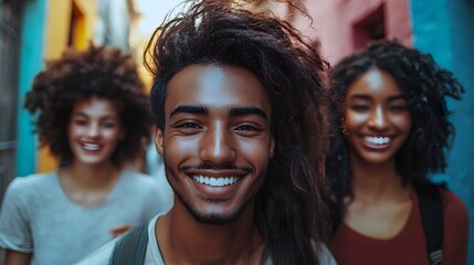 Fototapeta premium Smiling young Black man with two women in a colorful urban setting.