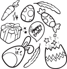 Happy Easter Doodle Set, Cute Hand Drawn Collection. Adorable hand-drawn Easter doodle set with bunnies, eggs, and spring flowers. Ideal for creating charming holiday designs, cards, and decorations.