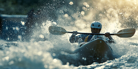 Naklejka premium A man is kayaking through splashing water, creating dynamic, action packed and refreshing scene. 