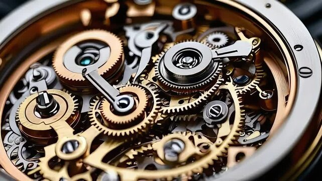Closeup of intricate watch mechanism with golden gears.