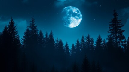 A full moon casts a soft glow over a snow-covered forest, creating a serene and mystical atmosphere. The image symbolizes nature's beauty, the power of the moon, the tranquility of winter, and the mag